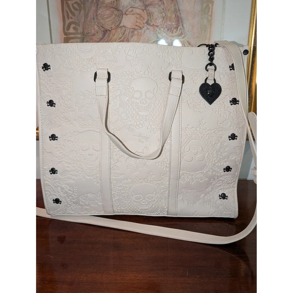 Betsey Johnson Cream Embossed Skull Floral Tote Bag Black Studded Crossbody Tote